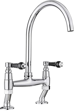 JASSFERRY Traditional Bridge Mixer Tap Black Ceramic Lever Handles Deck Mounted Monobloc Classic 2 Hole Kitchen Sink Chrome Faucet with Swivel Spout