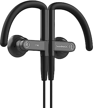 SoundMAGIC ST80 Bluetooth-sporthörlurar med öronkrokar och mikrofon, lång uppspelningstid, trådlösa hörlurar, vattentäta, kabelbundna in-ear-hörlurar, Hi-Fi-stereoljud, bekväm passform