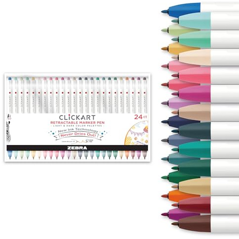 Zebra Pen CLiCKART No Bleed Felt Tip Pen, Assorted Ink, 0.6mm, 24-Pack
