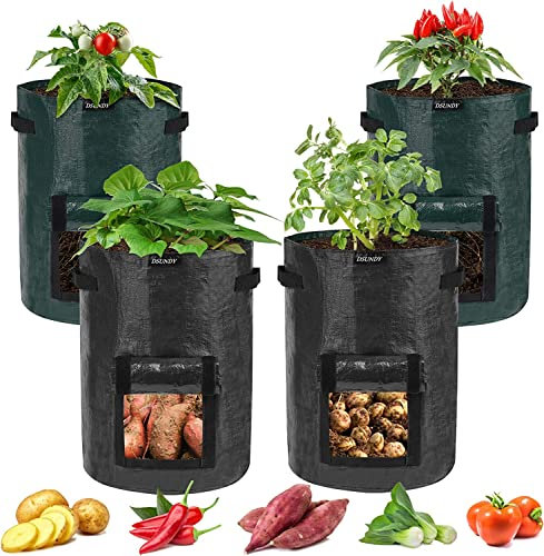 Labstandard Kartoffel Pflanzsack 10 Gallonen 45L Kartoffeln 4 Stück Kartoffelsack zum Pflanzen Tomaten Pflanzsäcke für Kartoffeln Gemüse Garten Außenbehälter mit Griffen Erntefenster (Schwarz+Grün)