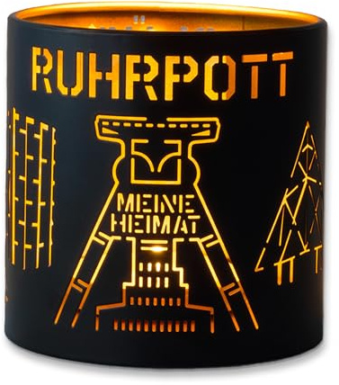 Windlicht Kerzenhalter Ruhrpott | Kerzenständer-schwarz aus Metall | Wohnzimmer-Terrassen-Balkon-Deko | Ruhrpott-Geschenke für Teelichter und Kerzen auch als Herbst Laterne für draußen geeignet.