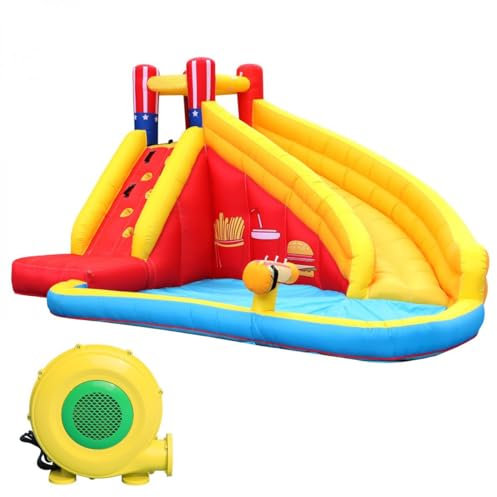 Castillo Water Puller- ﻿Castillo de Agua Inflable Water Puller con diseño de hamburguesería, Hinchable acuático con Gran tobogán y Piscina de Bolas