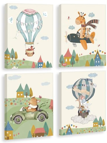 KAIRNE 4er Cartoon Tiere Poster Kinderzimmer Ballon Flugzeug Safari Wandbild