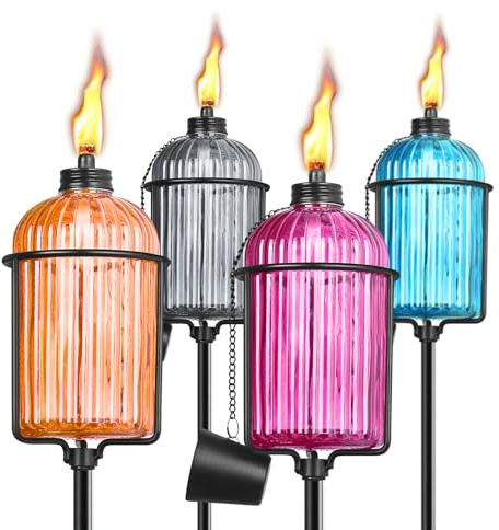 FAN-Torches 4 Pack Glass Garden Torch, 13.5 oz Colorful Outdoor Torch Garden Décor, 61-Inch Upgraded Citronella Torches with 3-Prong Grounded Stake, Metal Light Torches for Party Patio Pathway