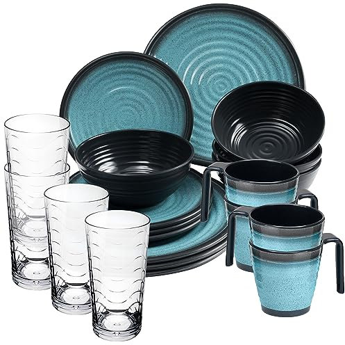 Melamin Geschirr Set 20 Teile elegante Steingut Optik in blau mit Tassen und Wasserglas 260ml klar - für 4 Personen | Essgeschirr Gläser Wasserglas Tumbler Campinggeschirr Picknick Camping Outdoor