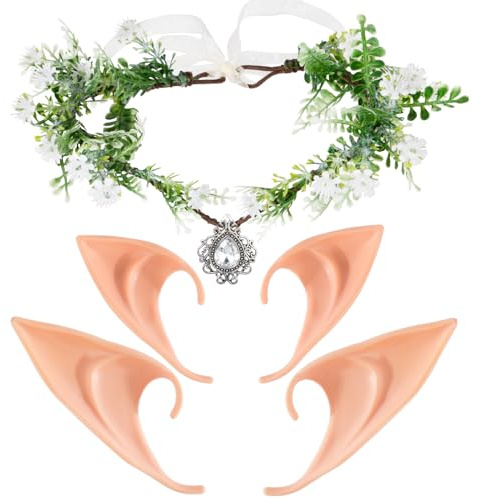 BOFUNX Waldfee Stirnband mit 2 Paar Elfenohren Elfe Waldfee Kopfschmuck Feenblätter Krone Stirnband Feen Kreis Tiara Haarschmuck für Hochzeit Karneval Halloween Cosplay