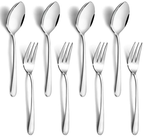 BEWOS 8-Piece Serving Spoon and Fork Set, 4 Serving Spoons and 4 Serving Forks, 9-Inch Large Service Cutlery for Parties, Stainless Steel Serving Spoons, Dishwasher Safe, Serving Forks for Buffet