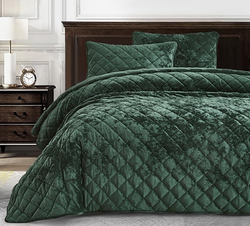 Chezmoi Collection Lux skogsgrönt sammetstäcke, överdimensionerad king-size, 3-delat set, plysch, sliten sammet, sängkläder för alla årstider, lättviktstäcke, borstad mikrofiber, omvänd med