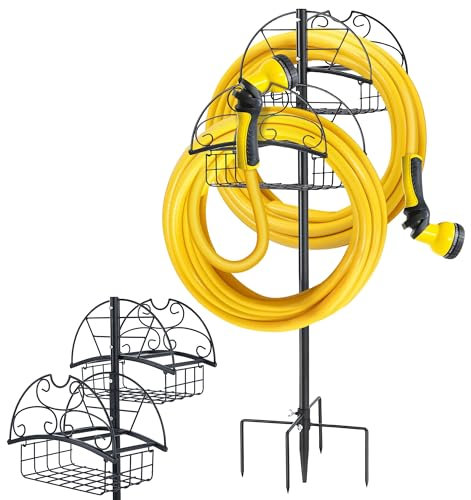 Enhon Gartenschlauchhalter, freistehend, robuster Wasserschlauchhalter, Outdoor, abnehmbarer Gartenschlauchständer, Metall-Doppelfederung, Schlauchaufbewahrungshalter, Rollen für Hof, Rasen, Terrasse