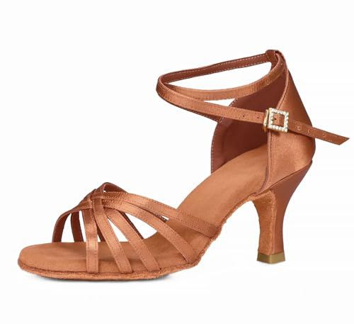 TRIWORIAE-Scarpe da Ballo Latino Americano Donna Scarpe Ballo da Sala Salsa Marrone 7cm 37
