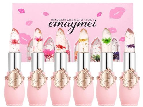 Flower Jelly Lippenstift Set, 6 Stück Farbwechselnder Lippenstift Kit, Magic Temperature Color Change Lipstick, Langanhaltende Feuchtigkeitscreme Lippenbalsam, Wasserfest, Natürlich Clear Lippenpflege