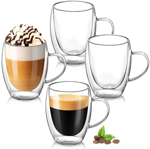 Osrioal Double Walled Glass Mugs, 4 x 350ml Glass Coffee Mugs, Heat Resistant Coffee Cups, Clear Coffee Glasses with Handle for Cappuccino Tea Milk Latte Juice