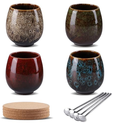 Japanische Teetasse, 4er-Set 200 ml Tassen aus Porzellan, Cappuccino Tassen Set, Kaffeetasse Teetasse mehrfarbige, Flammglasierte Keramikbecher, Keramik Tasse in modernem Design für Kaffee und Tee