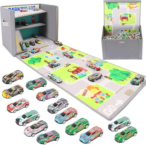 iFunLong 3-in-1 Toy Car Storage Box: 20 Cars Included, Car Garage Toy with Play Mat & Parking Garage - Foldable & Portable Kids Toy Library