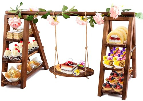 3 Tier Wooden Cupcake Stand with Swing and Flower Decoration, Large Dessert Stands with Serving Tray, Removable Trays, Foldable Ladder Food Display Set for Cake Snack Fruit Chips Bread Centerpieces (Dark Brown)