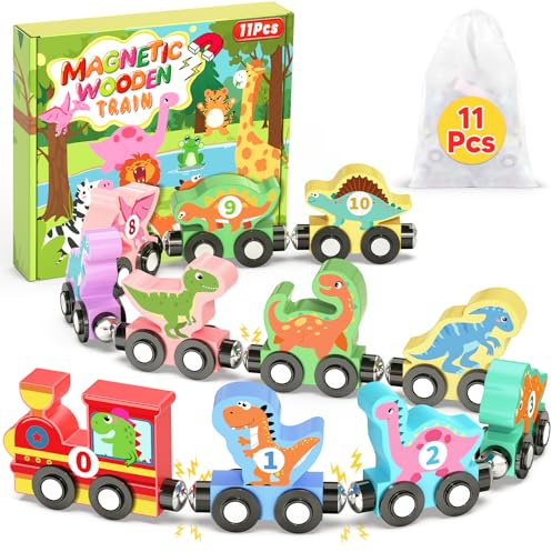 11 Pcs Magnetic Dinosaur Train Set Montessori Toys for 1 2 3 Years Old Toddlers Boys Girls, Wooden Dinosaur Preschool Learning Activities Educational Sensory Toys Birthday Gifts Ages 1-3, 2-4
