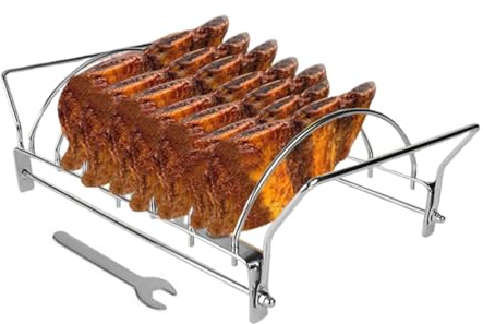Ylnailky BBQ Rib Rack,Stainless Steel Rib Rack for Grilling | Food Grade Roasting Stand Holder Smoker Accessory Foldable for Wing Drumstick Prep Roasting Pork Cooking Beef