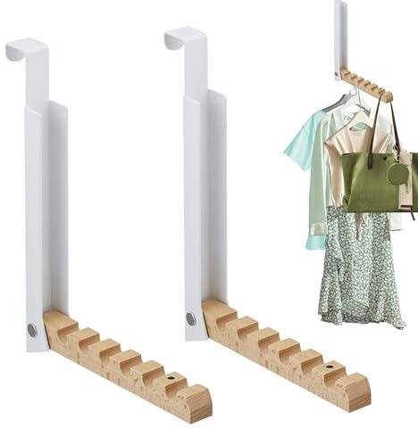 Caldamn Kleiderhaken Tür 2 Stück Kleiderhaken Klappbar mit 6 Kleiderbügel Metall & Holz Türhaken Kein Stanzen Erforderlich Weiß Türgarderobe Klappbar für Tür Schlafzimmer zum Einhängen Kleidung Hüte