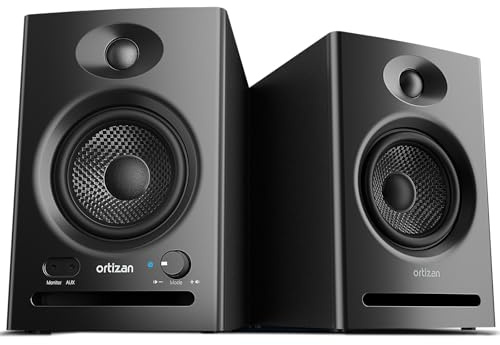Ortizan Dual-Mode 2.0 Studio Monitors, Active Monitor Speakers Bluetooth 5.3 Wireless Computer PC, 80W Power Bookshelf Speakers, Wooden Enclosure for Recording Multimedia, Gaming, Music Production