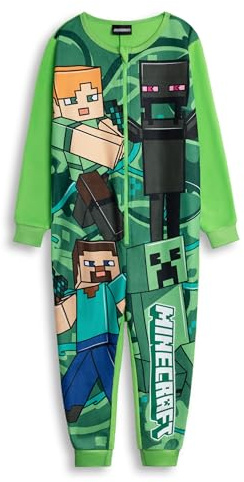 Minecraft Mono Verde con Cremallera Creeper para niño | Pijama de Microfibra de Manga Larga con Estampado de Steve y Enderman | Pijama Infantil Gamer | Ideal para Dormir y Relajarse
