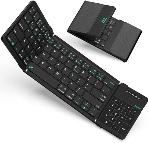 Nillkin Faltbare Bluetooth Tastatur mit Touchpad, Wiederaufladbare Klapptastatur mit Ziffernblock, Tragbare Mini-Tastatur für iPad, iOS, Android und Windows Laptop & Tablet, Leder-Schwarz（QWERTY）