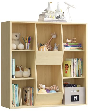 KEEPREAPER Bücherregal Kinder, Kinderregal mit 8 Offenes Fach Spielzeugregal aus Holz Kinderzimmer Regal für Spielzeug und Bücher Aufbewahrung 90 x 30 x 90cm (Natur)