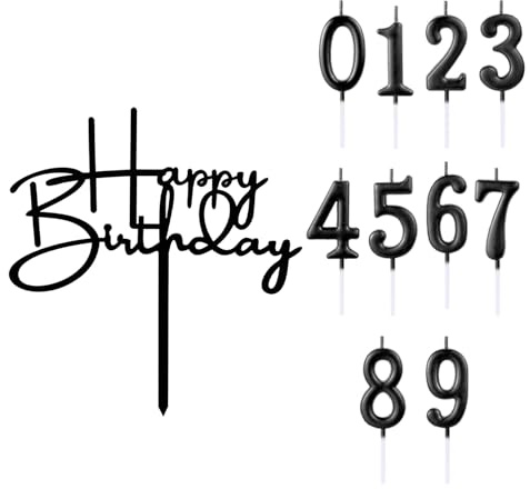Gleevio Schwarz Happy Birthday Tortendeko mit Geburtstagskerzen Zahlen 0-9, Cake Topper Happy Birthday Deko Torte, Tortendeko Geburtstag, Acryl Kuchen Deko Geburtstag 6,7,9,16,18,20,30,40,50,60
