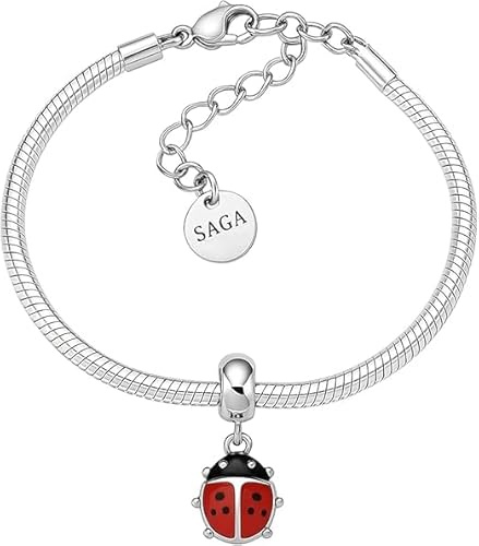 Generico SAGA GIOIELLI® Bracciale Donna in Acciaio con Ciondolo Coccinella Laccata – Lunghezza 17+3 cm – Charm 12x12 mm – Confezione Regalo