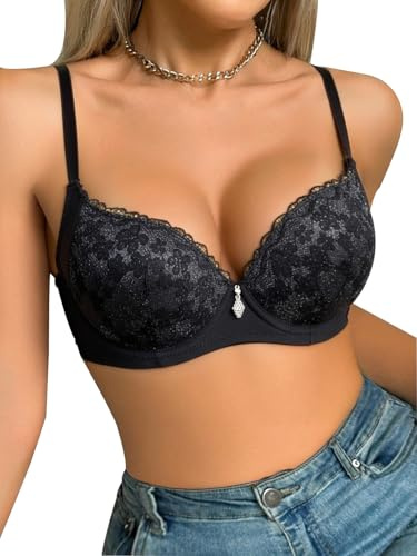 Awinclo Women's Push Up Bra Sexy Lace Comfort Underwire,Everyday Bra with Lace Wrapped Design Black 40B