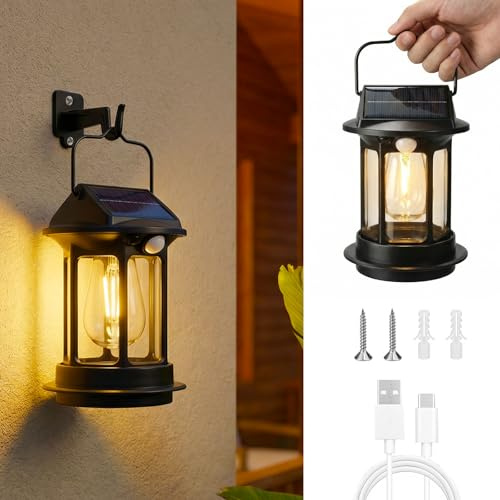 Luci da campeggio a batteria e a energia solare, luce LED da campeggio con sensore di movimento, ornamenti da giardino impermeabili, luci da esterni alimentate tramite USB, luci a sospensione con