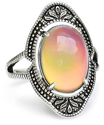 FUN JEWELS - anello dell’umore con pietra ovale cambiacolore – vintage in ottone effetto argento anticato