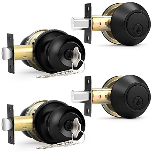 Probrico Black Keyed Alike Entry Knobs Front Door Locks Exterior Lockset and Single Cylinder Deadbolt Combination Set, 2 Pack