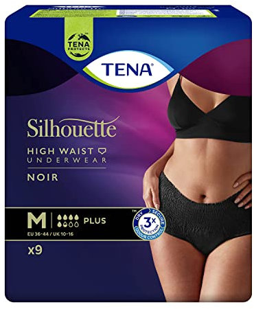 TENA Silhouette Plus Noir x9 - Ropa Interior para Incontinencia y Pérdidas de Orina Abundante - Diseño Cómodo y Transpirable - 9 Braguitas Desechables - Negro