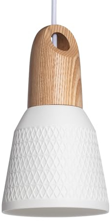 LEDKIA Pendelleuchte Keramik und Holz Retilles Weiß | Elegantes Design | Einstellbare Länge | E27 Fassung für LED | Vielseitige Anwendungen | Esszimmer