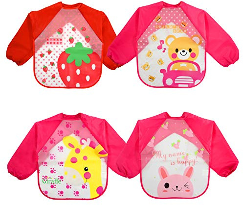 JinBei Bibs With Sleeves 4 Pcs Baby Waterproof Long Sleeves Weaning Bib Apron Infant Toddler Feeding Eating Washable Large Kids Girls EVA Painting Playing Bibs Babies 6 Months to 3 Years