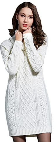 HZQIFEI Robe Pull Femme, Automne-Hiver Mini Robe Tricoté à Col Haut Robe Mi-Longue Chandail Pull Slim Fit (Blanc, 3XL)