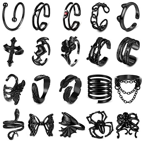 YADOCA 20 Stück Vintage Punk Ringe für Damen Herren Y2K Offene Schwarze Ringe Set Schlange Fledermaus Teufel Spinne Kralle Skul Verstellbarer Knöchel Stapelring Gothic Schmuck A
