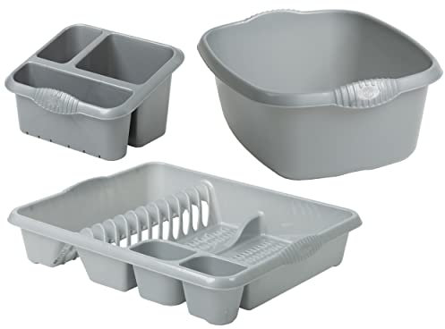 JMS we create smile Silver/Grey 3-Piece Kitchen Set - Rectangular Washing Up Bowl, Sink Tidy and Large Dish Drainer Home, Office - Made in UK