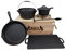 Dutch-Oven-Set 7-teilig | Gusseisen | Premium-Qualität | mit dekorativer Aufbewahrungs- und Transportkiste aus Holz | Dutch Oven, Untersetzer, Deckelheber, Grillplatte, Stieltopf und Bratpfanne