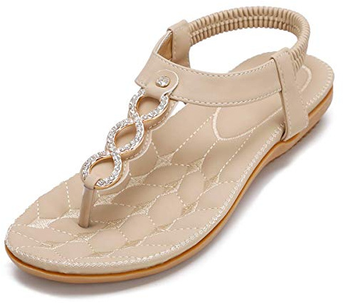 Amissz Sandalias de Mujer Comodas Plana Verano Bohemia Playa Zapatos Moda Casuales Sandalia Chanclas Romanas de Damas Estilo 2 Albaricoque 42EU