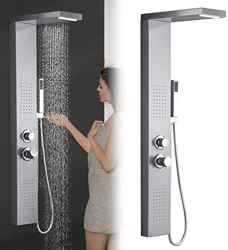 TRMLBE Pannello Doccia Sistema Doccia Doccia a Pioggia in Acciaio Inox Spazzolato Set di Rubinetti per Doccia con Doccetta Massaggiante Doccia a Cascata e Doccia a Pioggia (Argento)