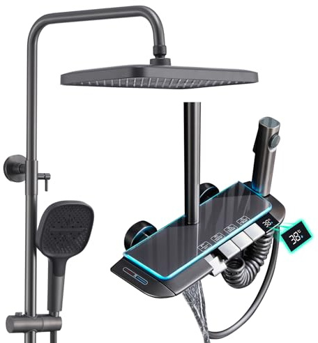 Shower System Thermostatic Piano Shower Faucet Set with Digital Display Rain Shower Combo Set Wall Mounted Gray Shower System with LED Ambient Lights, 13 Shower Head, 3 Mode Handheld, Tub Spout