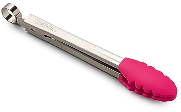 Zeal Silicone Mini Kitchen Cooking Tongs with Stainless Steel Handle – Perfect for Cooking, Grilling, BBQ, Air Fryer, and More, Heat-Resistant, BPA-Free, and Easy-to-Clean, 20cm, Neon Pink