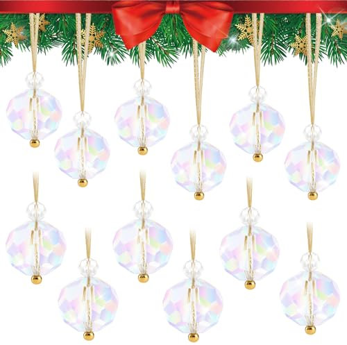 12 Stück Weihnachten Deko Kristall, Kalolary 30 mm Mini Weihnachtskristall Prisma Kugel Ornamente Weihnachts Hänge Sonnenfänger Fensterdekorationen Draußen Drinnen Hochzeit Party Zuhause (Schillernd)