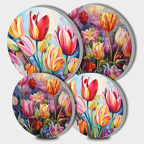 Couvre-plaques de cuisson en métal ronds aux motifs de tulipes aquarelle - Lot de 4 - Pour plaques de cuisson, cuisinière à gaz, four, protecteurs de brûleurs de cuisinière - Accessoires de cuisine