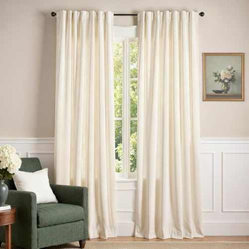 Lazzzy Velvet Curtains Ivory Thermal Insulated Soundproof Noise Reducing Cream Drapes for Bedroom Living Light Filtering Privacy Home Decor Back Tab 84 Inch Length 2 Panels