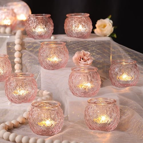 DARJEN 12 x rosa Votivkerzenhalter – runde Glaskerzenhalter für flammenlose LED-Tee-Wachse, romantischer Kerzenhalter für Hochzeit und Zuhause, Tischdekoration, verschiedene Partys