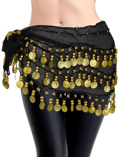 KALIONE Women's Belly Dance Hip Scarf, Chiffon Dancer Outfit Rave Party Wrap With 128 Tassel Coins for Women Girls Yoga Dancing, Black