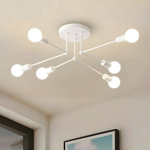 ZTWLEED Lámpara de Techo Vintage,6 Luz Lamparas de Techo Industrial,Plafon Sputnik E27,Lámpara de Araña Blanco para Dormitorio,Sala de Estar,Cocina,Comedor,Ø60CM (Sin Bombilla)