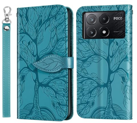 Rostsant Funda para Xiaomi Poco X6 Pro 5G - Carcasa de Cuero PU con Árbol en Relieve, Cartera Magnética Billetera Azul